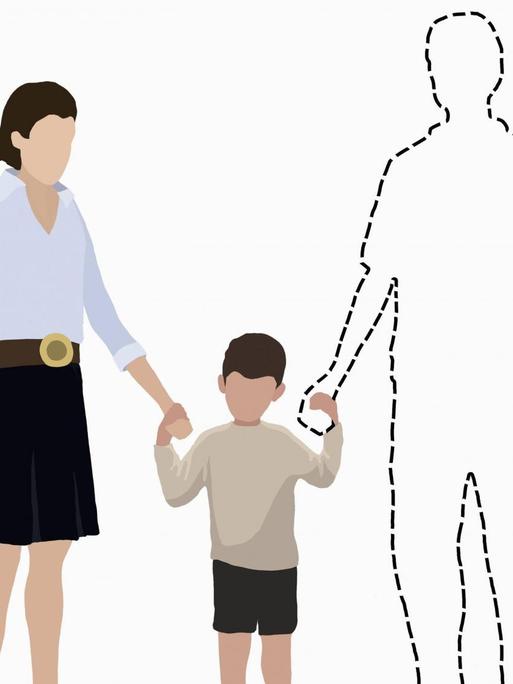 Illustration: ein Kind hält einen vermissten Vater, eine Leerstelle in gestrichelten Linien an der Hand, und an der anderen Hand seine Mutter.