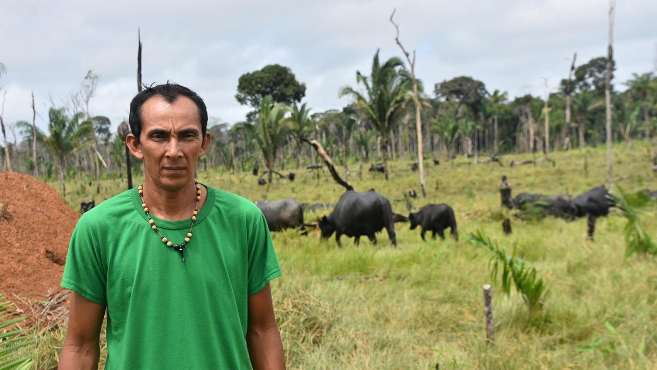 Francisco Oliveira da Silva vom Volk der Mura vor einer Viehherde