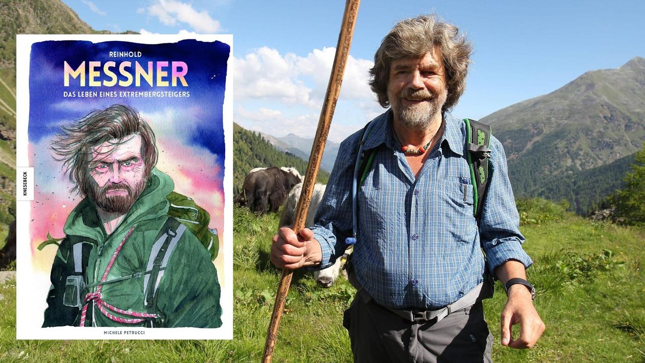 Reinhold Messner neben dem Cover des Buchs