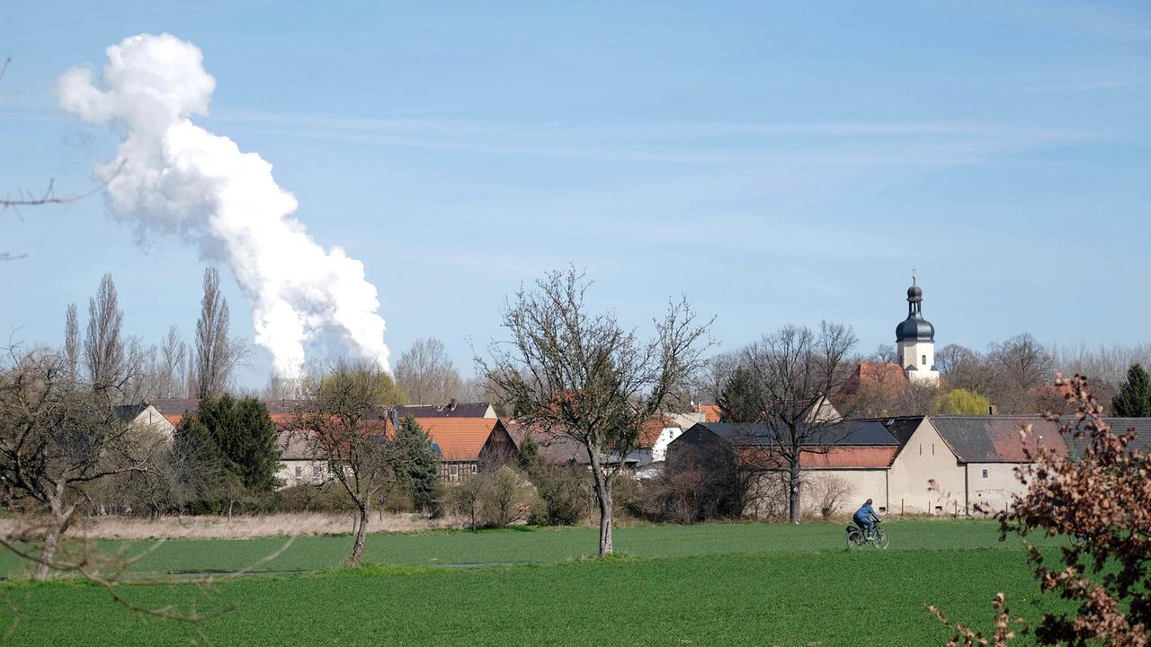 Die Kühltürme des Braunkohlekraftwerks Lippendorf hinter dem Dorf Pödelwitz südlich von Leipzig 