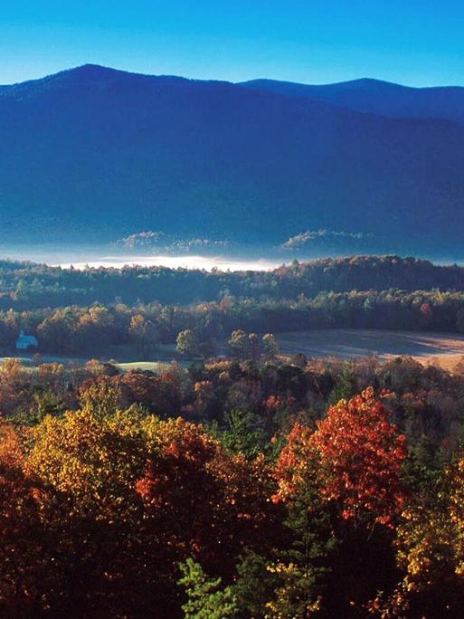 Panoramafoto Landschaft in Tennessee: Wald, Berge, eine kleine weiße Kirche
