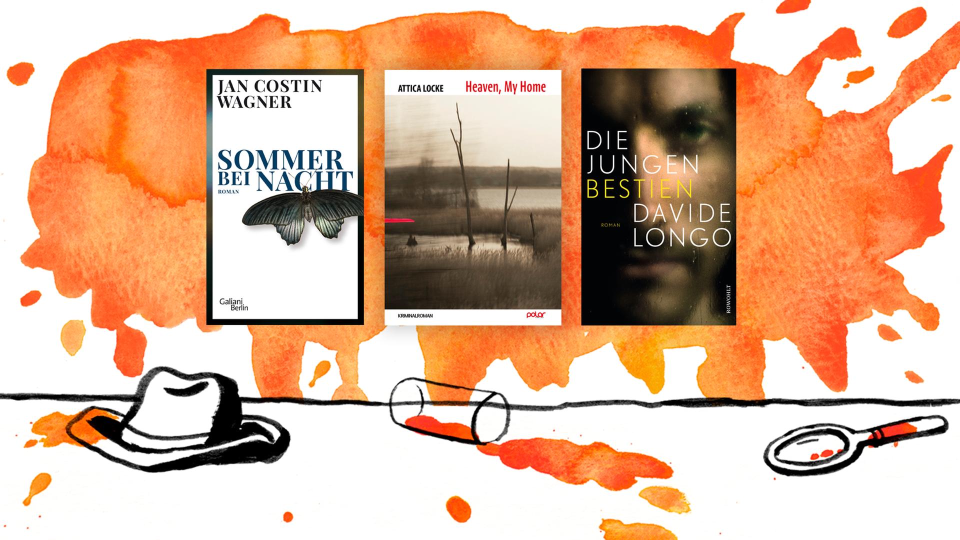Zu sehen sind die drei Cover der ersten drei Buchtitel auf der Krimibestenliste im März 2020: "Sommer bei Nacht" von Jan Costin Wagner, "Heaven, My Home" von Attica Locke und "Die jungen Bestien" von Davide Longo.