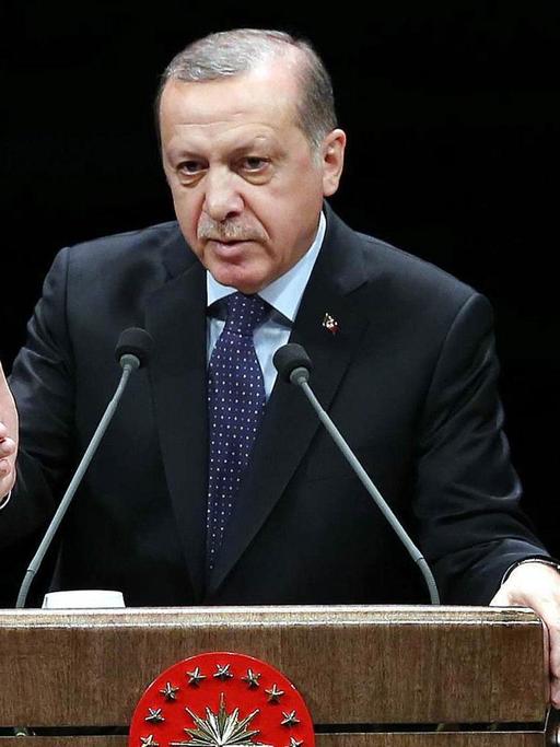 Der türkische Präsident Recep Tayyip Erdogan steht an einem Rednerpult vor schwarzem Hintergrund.