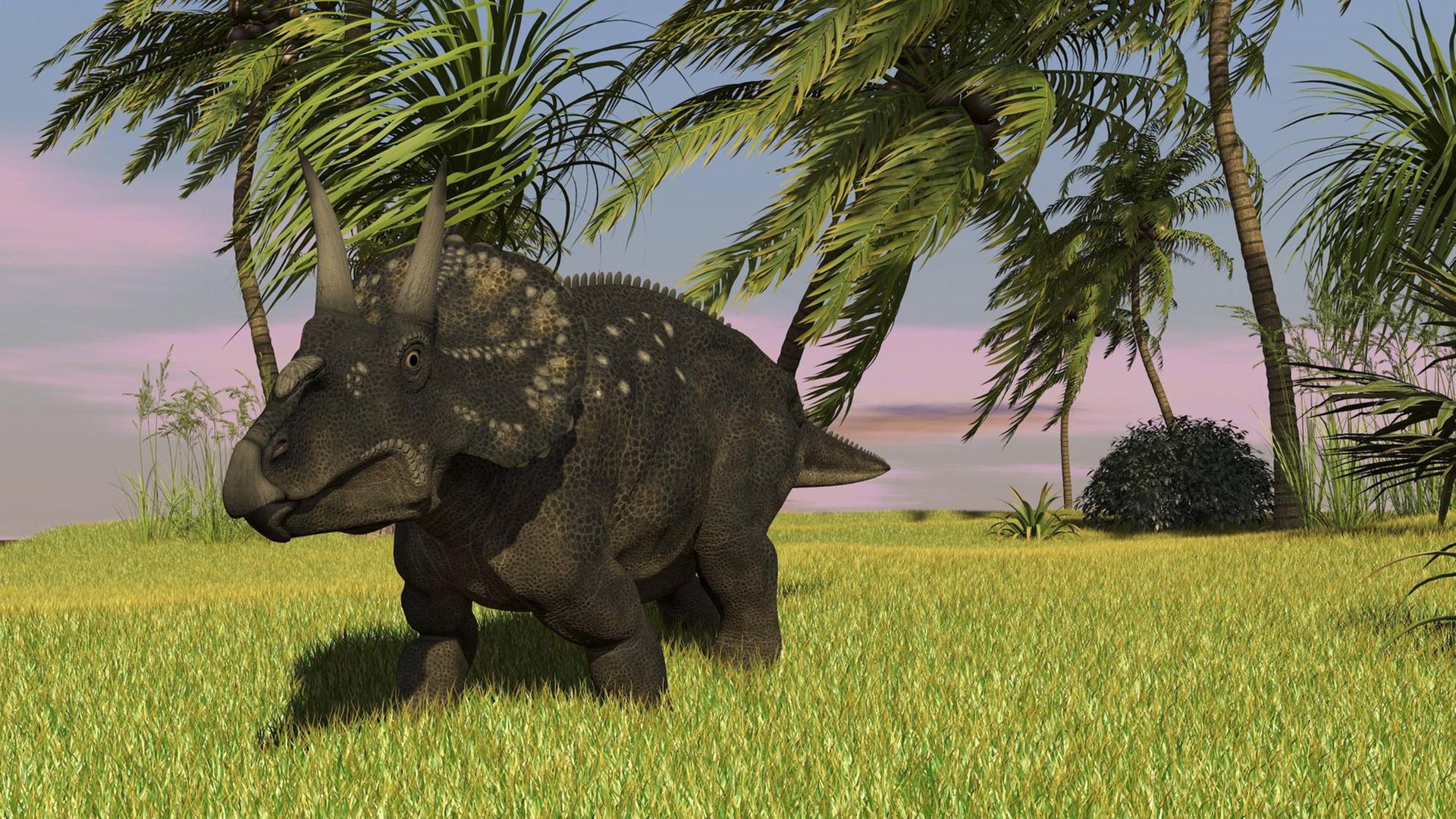 Künstlerische Darstellung eines Triceratops in einer tropischen Umgebung