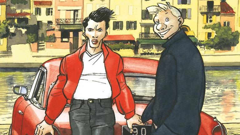 Das Cover von "Autoroute du soleil" zeigt die beiden Protagonisten an den Kofferraum eines roten Autos gelehnt.