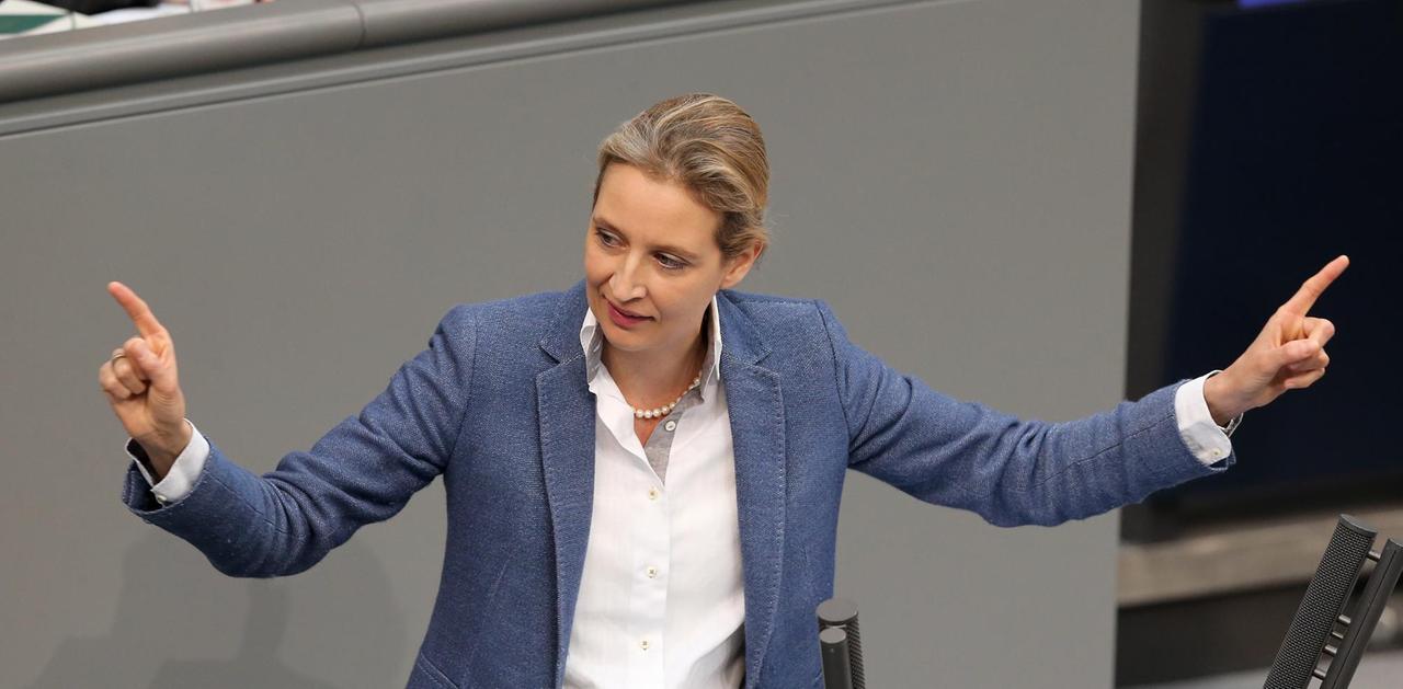 Alice Weidel gestikuliert mit ausgebreiteten Arment am Rednerpult des Deutschen Bundestags