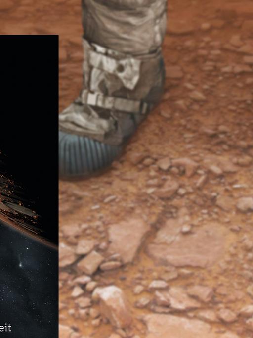 Buchcover "Abschied von der Erde" von Michio Kaku, im Hintergrund sind zwei Füße in Stiefeln zu sehen, die aussehen, als stünden sie auf dem Mars.