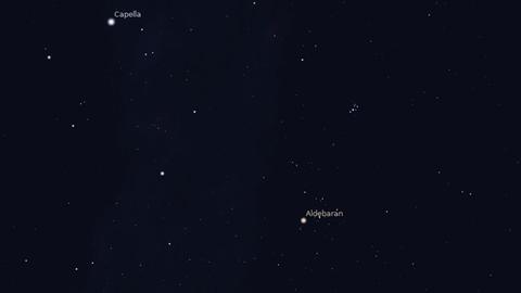 Die Plejaden leuchten abends rechts oberhalb von Aldebaran im Stier