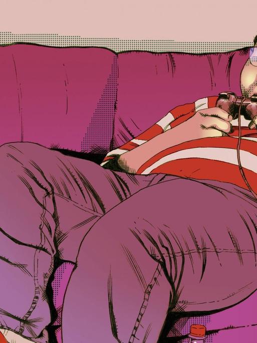 Illustration eines übergewichtigen Jungen, der sich mit einem Game-Controller auf dem Sofa herumfläzt.