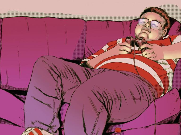 Illustration eines übergewichtigen Jungen, der sich mit einem Game-Controller auf dem Sofa herumfläzt.