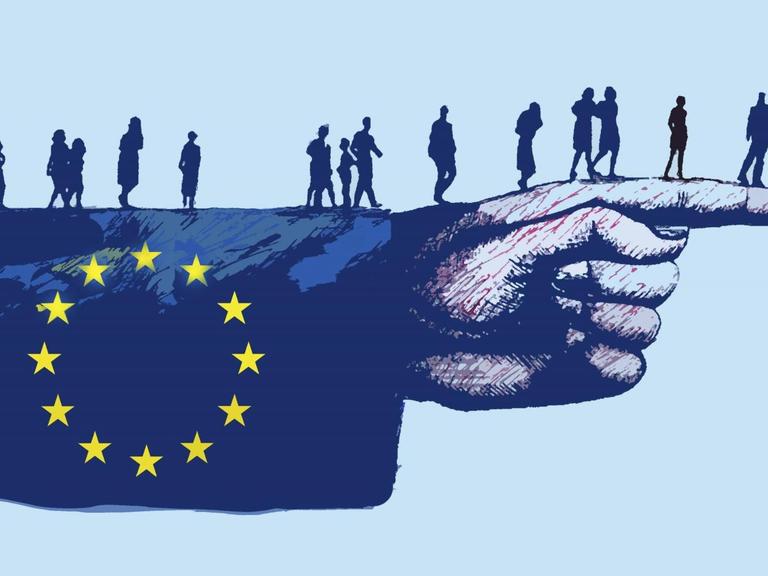 Menschen gehen auf einem Arm mit EU-Flagge zum ausgestreckten Finger (Illustration).