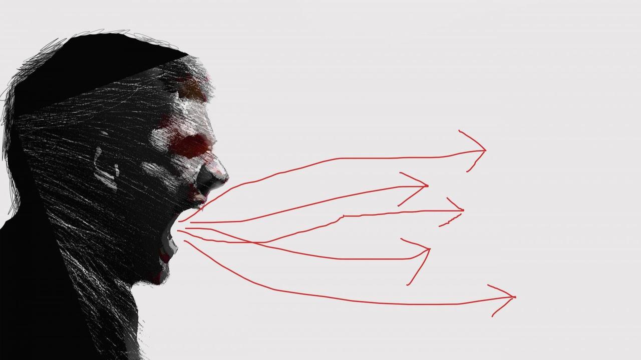 Die Illustration zeigt rote Pfeile aus dem Mund eines aggressiven Mannes.