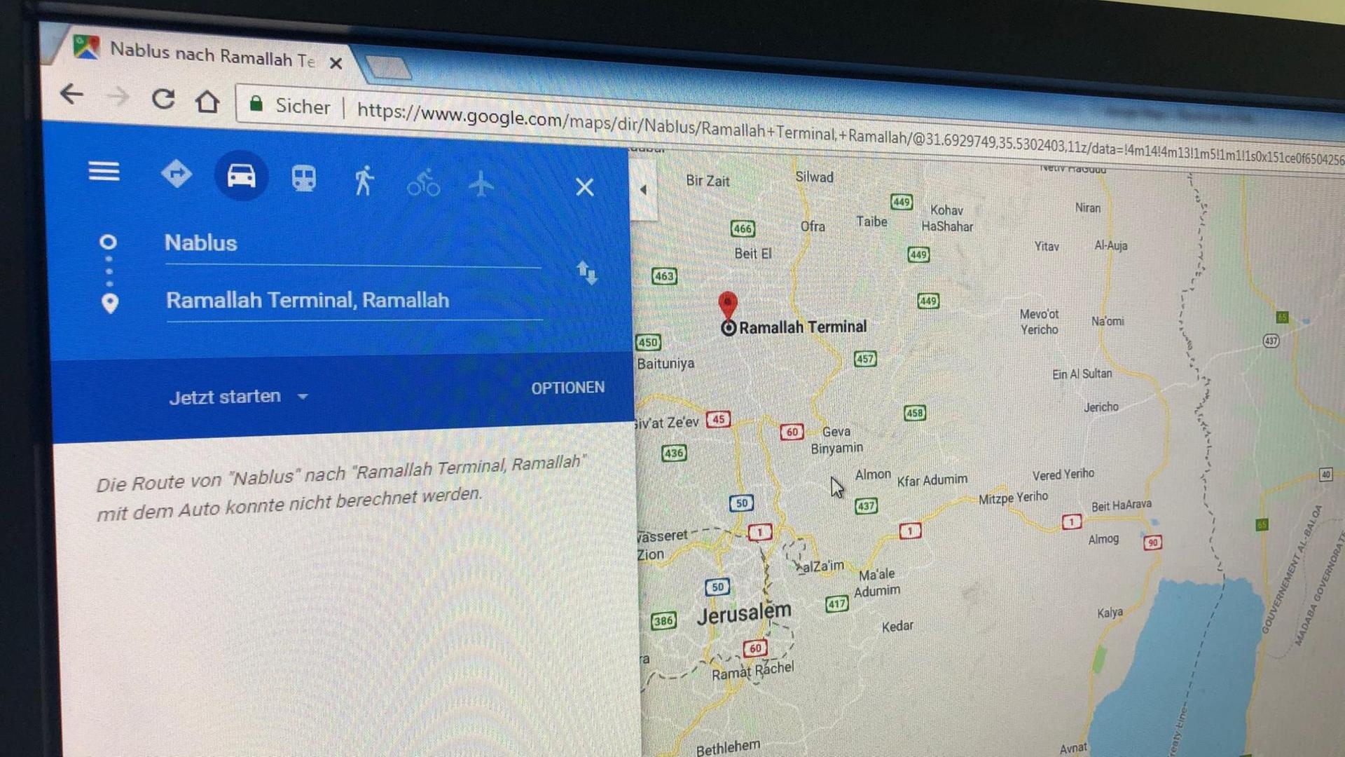 Screenshot von Google Maps: Keine Route zwischen Nablus und Ramallah