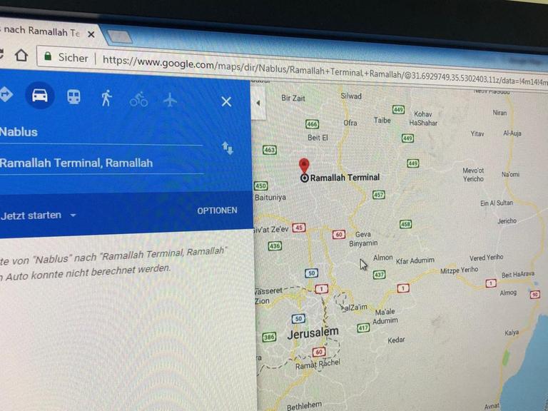 Screenshot von Google Maps: Keine Route zwischen Nablus und Ramallah