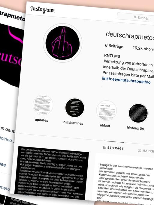 Screenshots des Twitter- und des Instagram-Auftritts von Deutschrapmetoo.