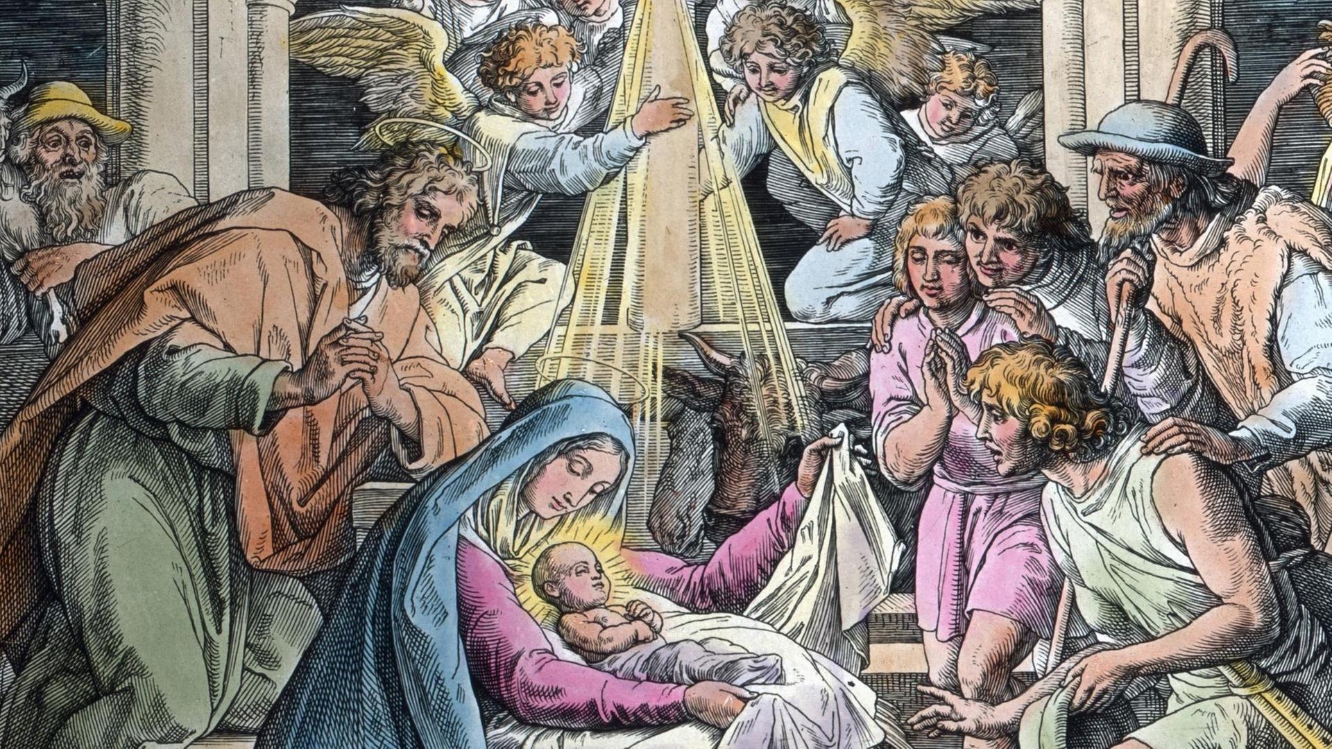 Eine historische Illustration von Jesus in der Krippe im Stall, links sitzt Maria, beide sind umgeben von Menschen und Engeln