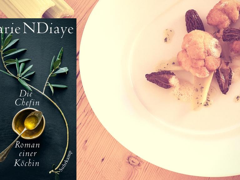 Ein Teller mit Essen und das Cover des Buches "Die Chefin" von Marie NDiaye