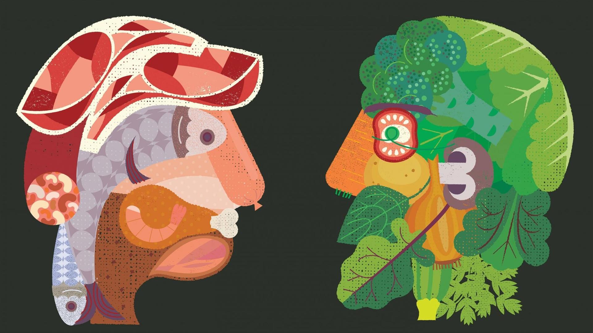 Illustration: Gegensätzliche Köpfe aus Fleisch und Gemüse die sich anschauen.