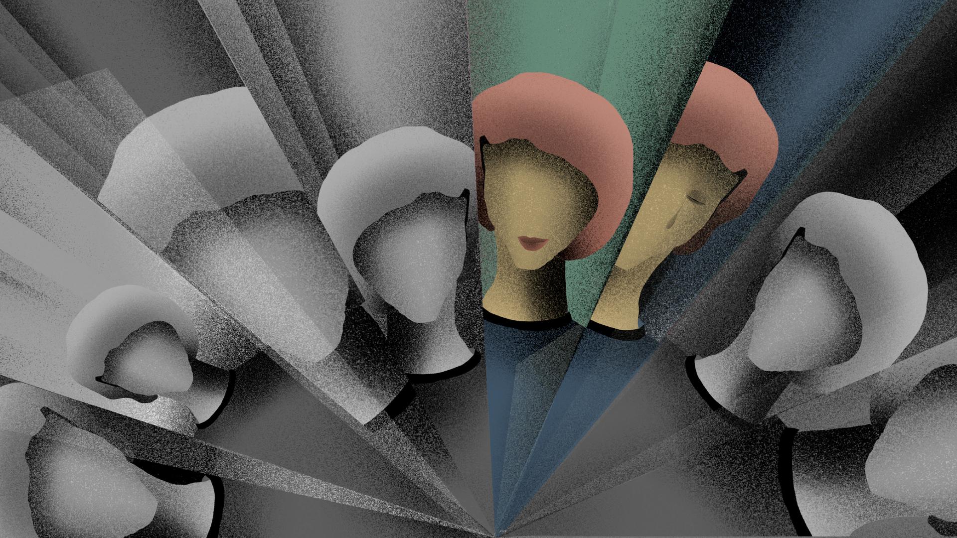 Die Illustration zeigt die Schemen einer Frau, wie in einem Kaleidoskop, in dreieckigen Ausschnitte gebrochen. Zwei dieser Fragmente sind farbig, die restlichen sind grau.