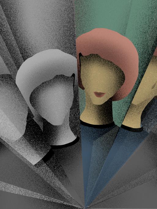 Die Illustration zeigt die Schemen einer Frau, wie in einem Kaleidoskop, in dreieckigen Ausschnitte gebrochen. Zwei dieser Fragmente sind farbig, die restlichen sind grau.