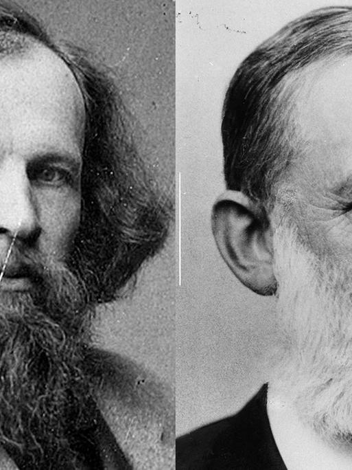 Eine Montage zeigt Porträts von Dmitri Mendelejew und Lothar Meyer in Schwarz-Weiß nebeneinander.