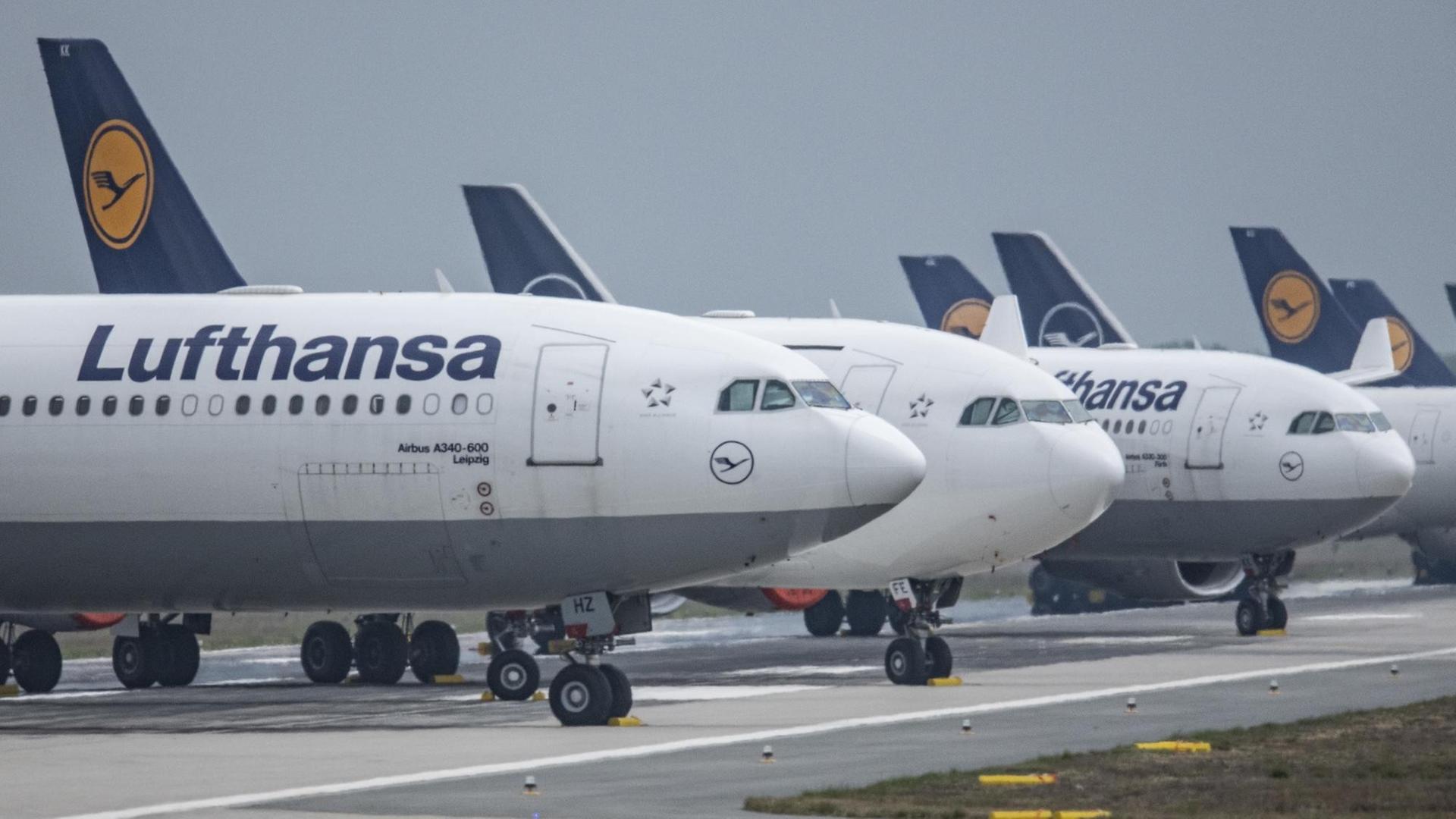 Stillgelegte Lufthansa-Jets stehen auf der zu einem Flugzeug-Parkplatz umfunktionierten Landebahn Nordwest des Flughafens. Stillgelegte Lufthansa-Jets stehen auf der zu einem Flugzeug-Parkplatz umfunktionierten Landebahn Nordwest des Flughafens.