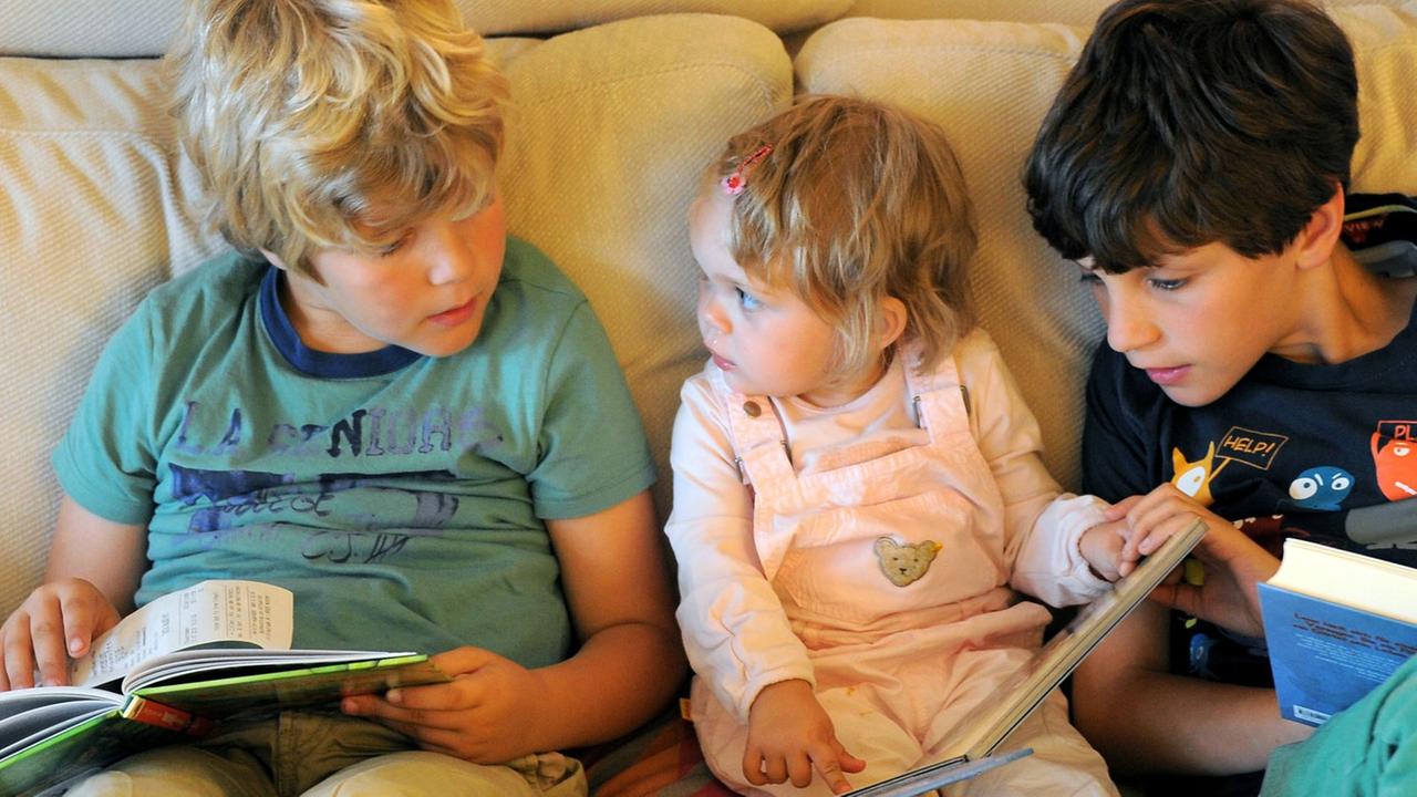 Während zwei sieben und elf Jahre alte Jungen (l, r) Bücher lesen, schaut sich ein fast zwei Jahre altes Kind ein Bilderbuch an, aufgenommen am 21.07.2012.