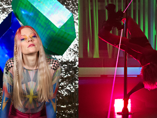 Collage aus zwei Fotos: Links ein Porträtfoto der Künstlerin Apex Anima in bunter Kleidung, rechts tanzt die Pole-Dance-Performerin FRZNTE an einer Stange.