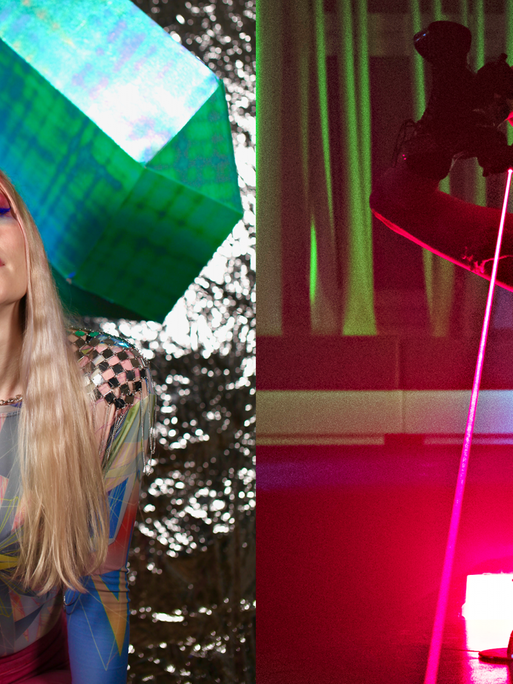 Collage aus zwei Fotos: Links ein Porträtfoto der Künstlerin Apex Anima in bunter Kleidung, rechts tanzt die Pole-Dance-Performerin FRZNTE an einer Stange.
