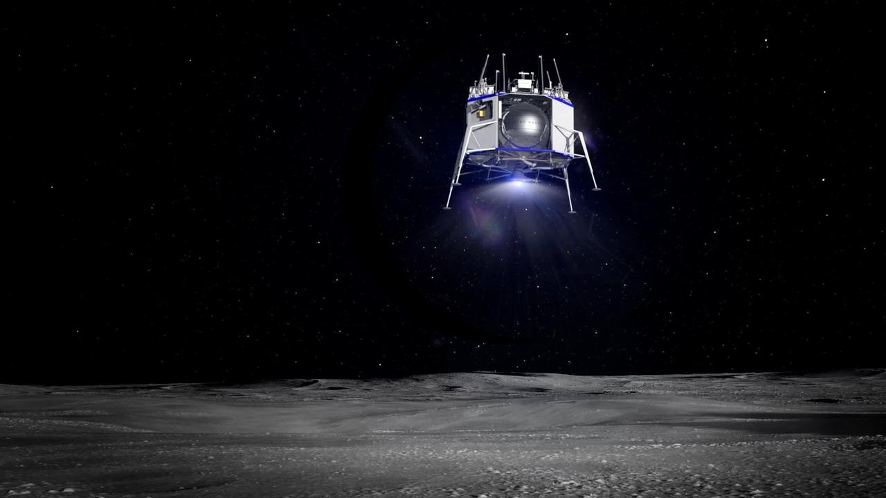 Das Raumschiff Blue Moon kurz vor Landung