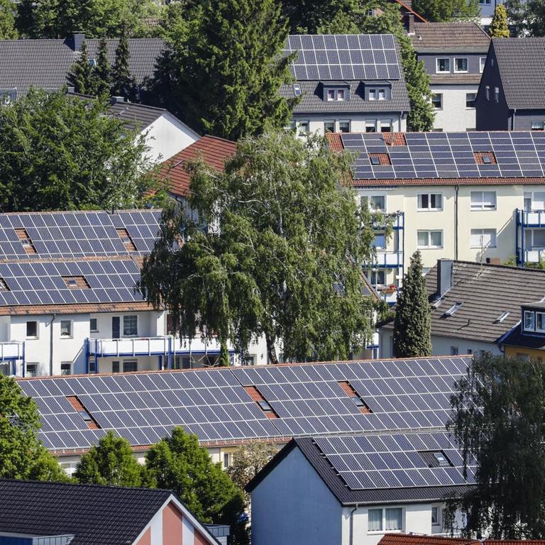 Blick auf Mehrfamilienhäuser mit Solardächern in Bottrop