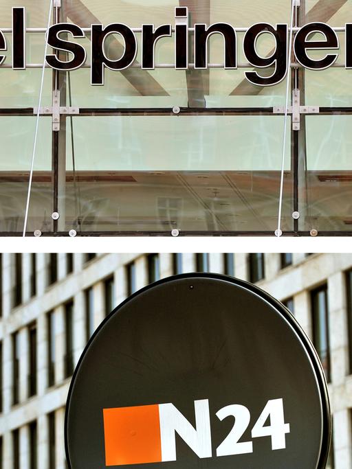 Bild-Collage: Ein Schild über dem Eingang zum Axel-Springer-Haus und ein Übertragungswagen von N24.