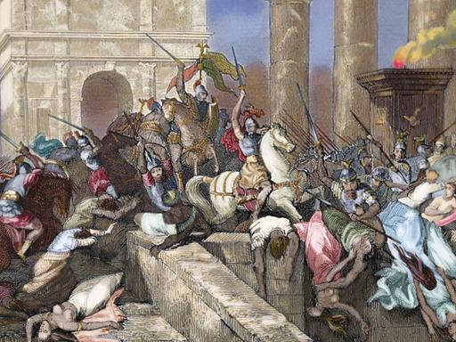 Ein kolorierter Stich zeigt die künstlerische Darstellung der Plünderung Roms im Jahr 410.