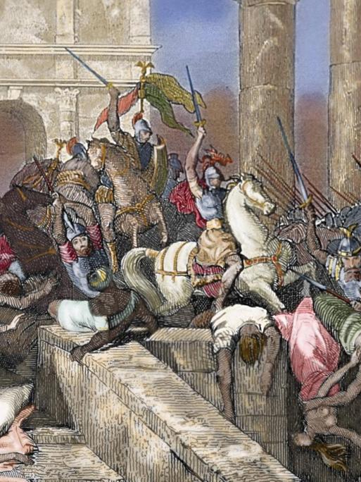 Ein kolorierter Stich zeigt die künstlerische Darstellung der Plünderung Roms im Jahr 410.