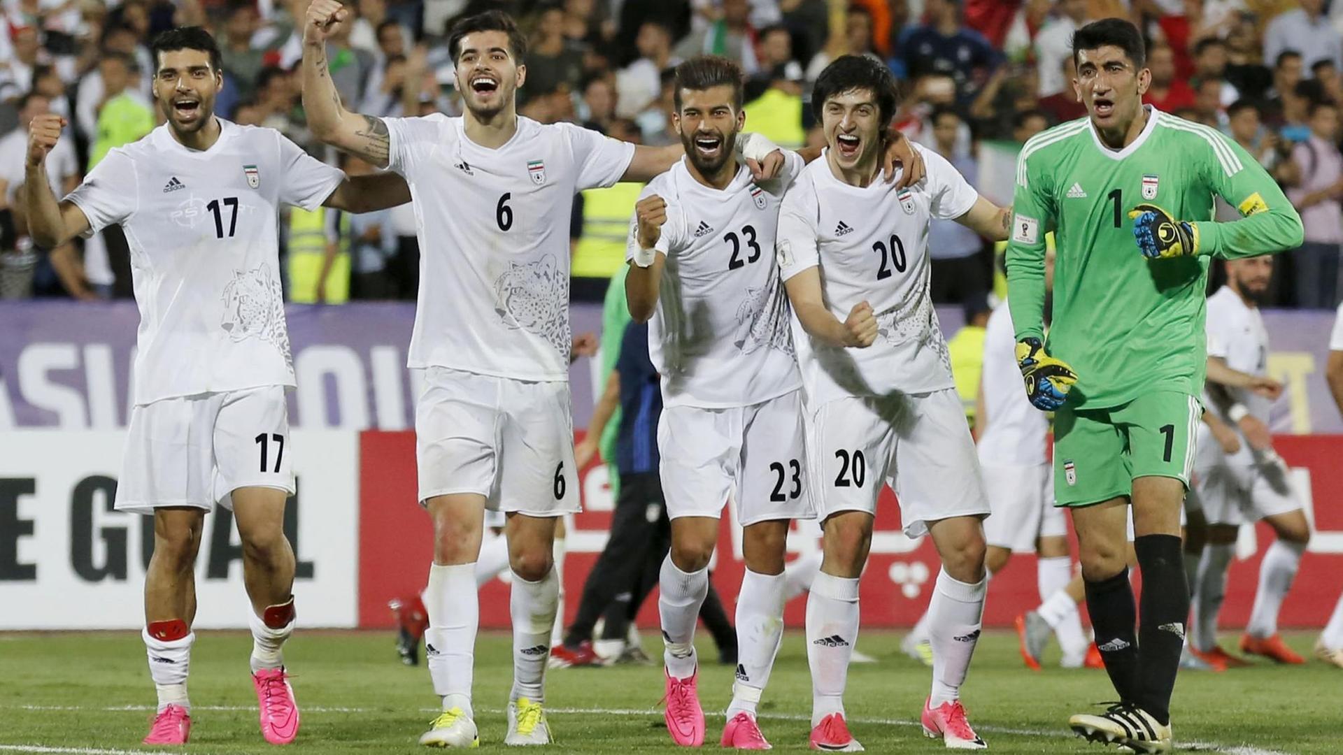 Zu sehen sind mehrere iranische Fußball-Nationalspieler auf einem Fußballfeld. Sie feiern die Qualifikation ihrer Mannschaft für die WM 2018. 