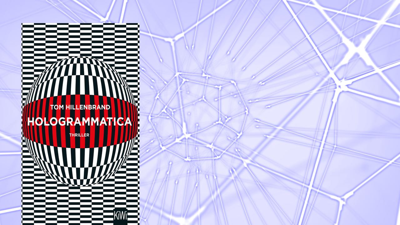 Vordergrund Cover von "Hologrammatica", Hintergrund: eine Art Spinnennetz