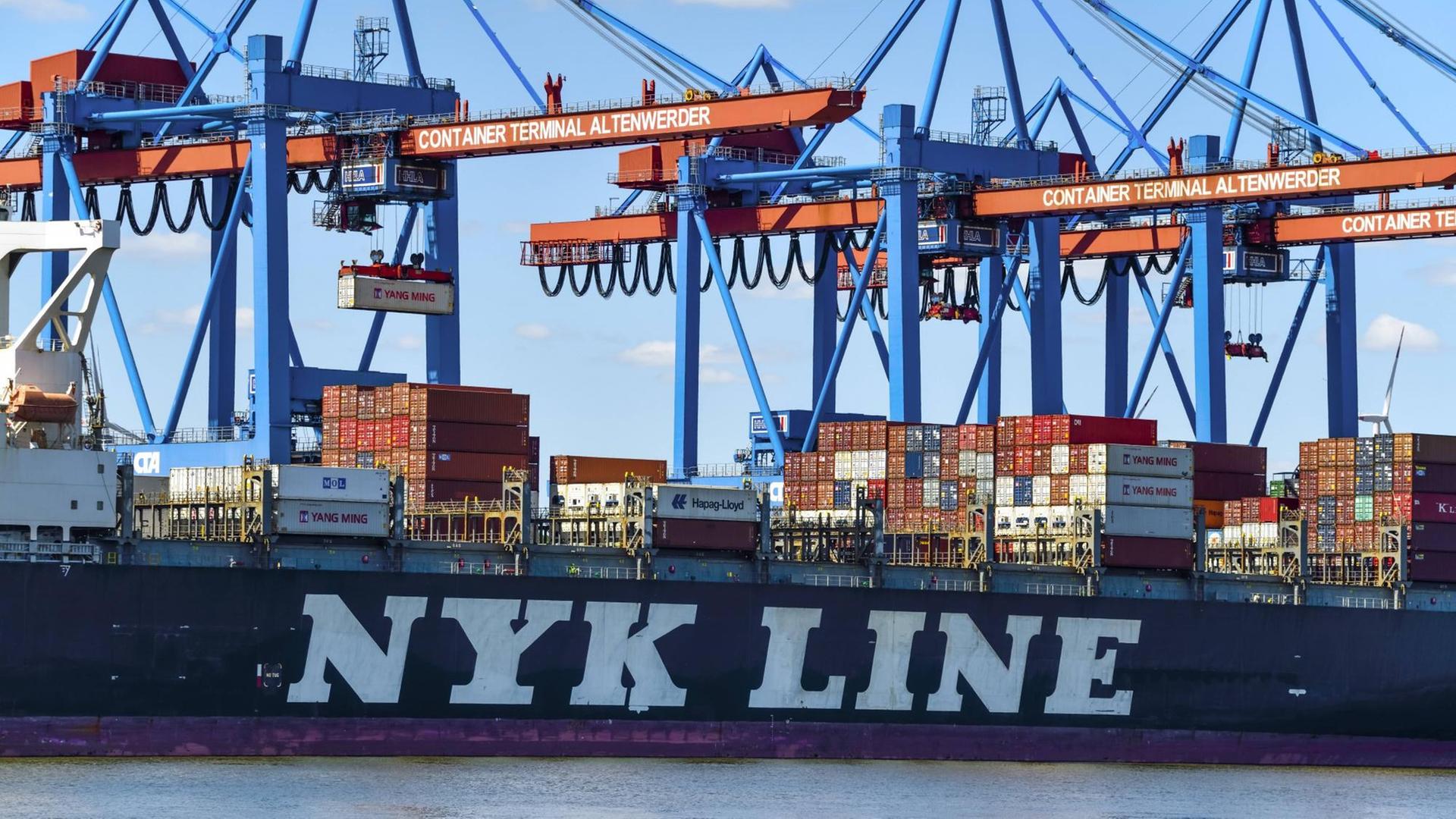 Ein Containerschiff der japanischen NYK Line am Containerterminal Altenwerder in Hamburg.