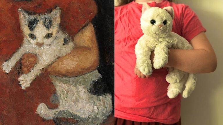 Das Gemälde "Katze in einem Kinderarm" von Paula Modersohn-Becker und eine Nachstellung von Diana Spanier. Das Gemälde "Katze in einem Kinderarm" von Paula Modersohn-Becker und eine Nachstellung von Diana Spanier.
