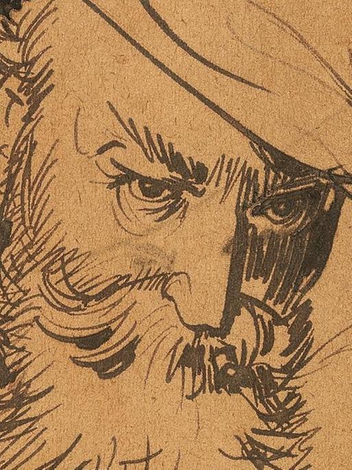 Gezeichnetes Selbstbildnis von Wilhelm Busch mit Hut und Zigarette von 1894