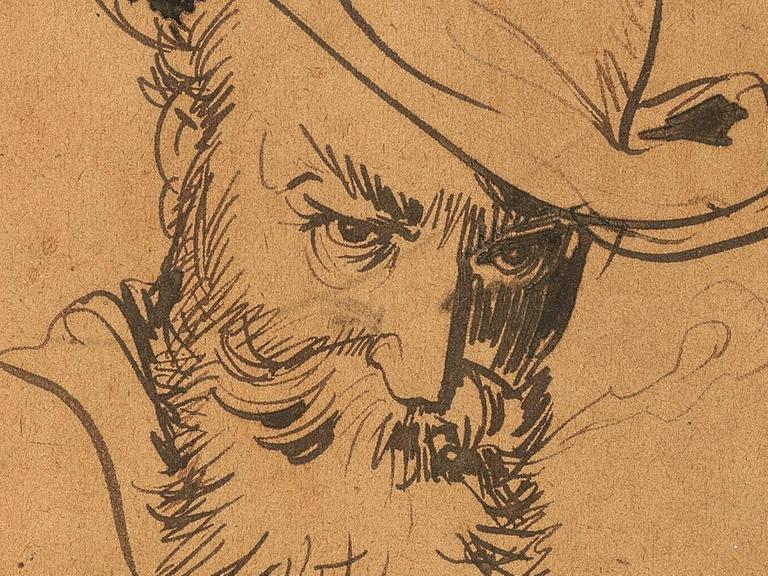 Gezeichnetes Selbstbildnis von Wilhelm Busch mit Hut und Zigarette von 1894