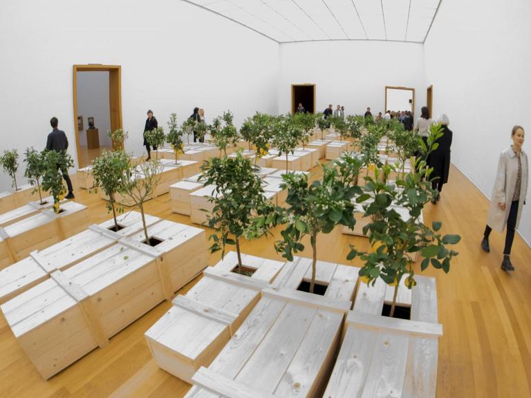 Ein Ausstellungsraum gefüllt mit Menschen und mit Zitronenbäumen die aus Holzkisten wachsen.