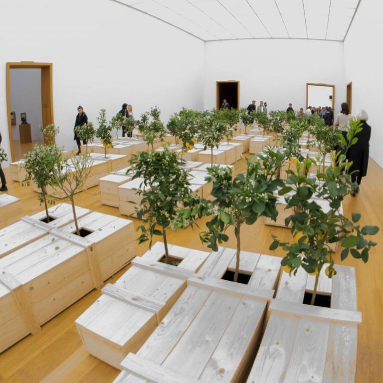 Ein Ausstellungsraum gefüllt mit Menschen und mit Zitronenbäumen die aus Holzkisten wachsen.