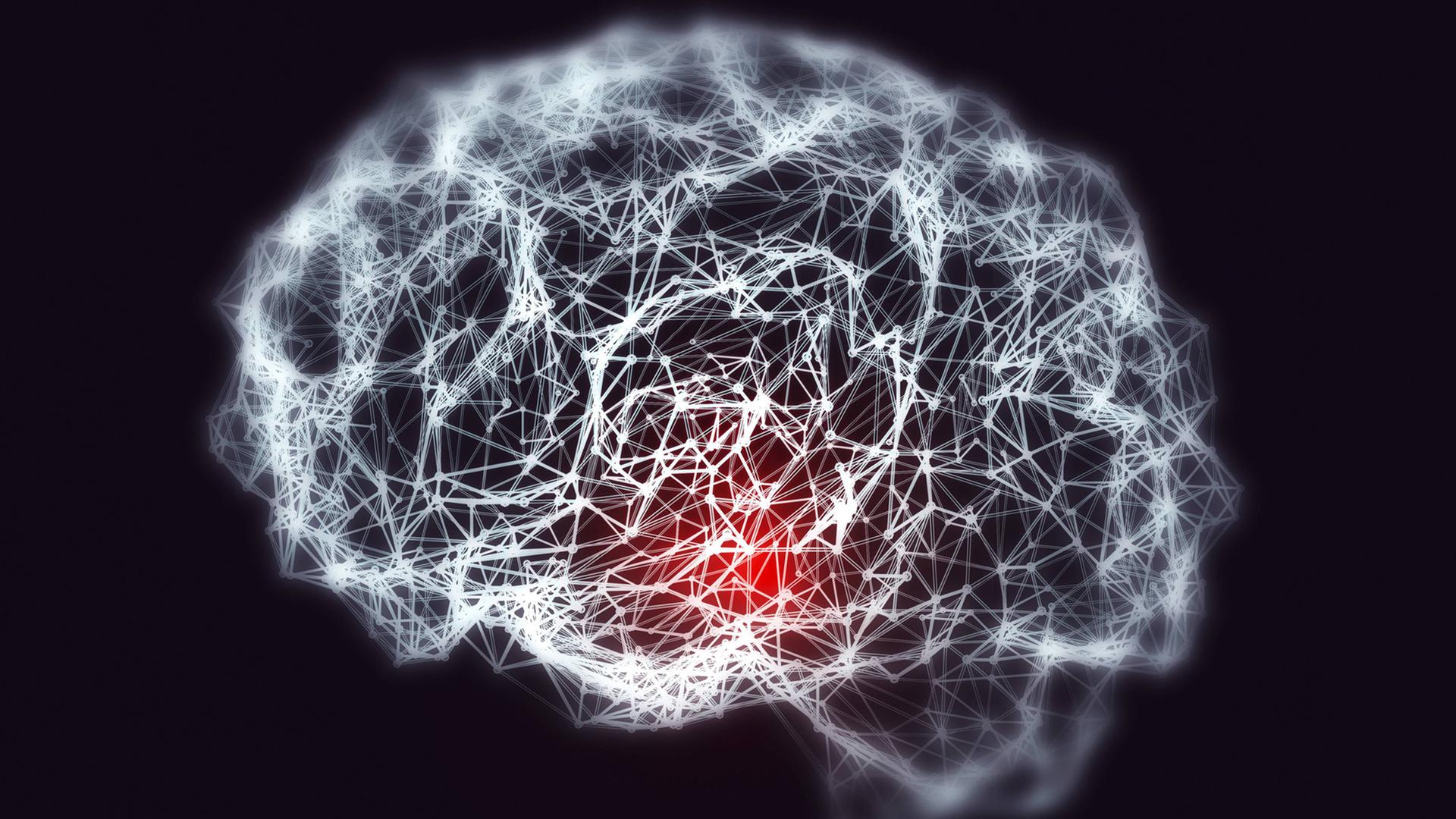 Darstellung eines Gehirns - eine Hirnpartie ist rot erleuchtet.