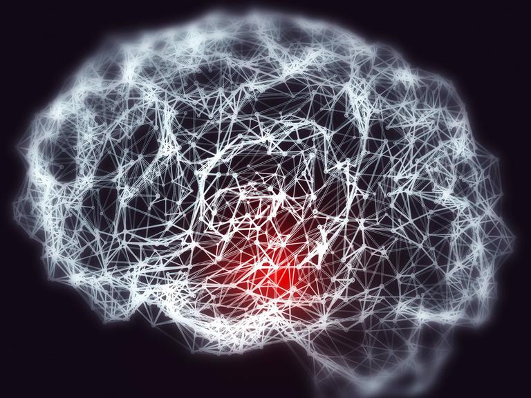 Darstellung eines Gehirns - eine Hirnpartie ist rot erleuchtet.