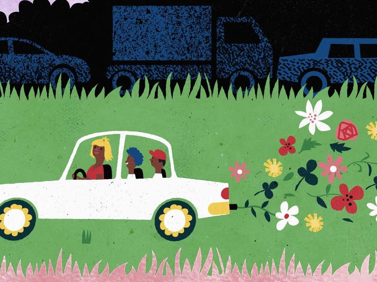Illustration einer Familie, die ein umweltfreundliches Auto fährt, während im Hintergrund dunkle Autos zu sehen sind.