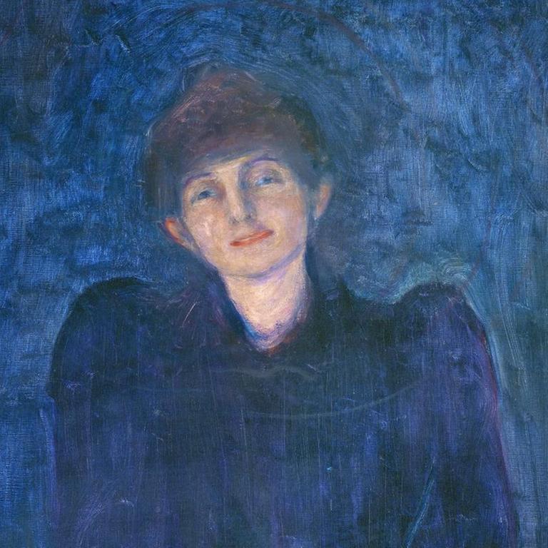 Gemälde einer Frau in blauem Kleid, vor blauem Hintergrund