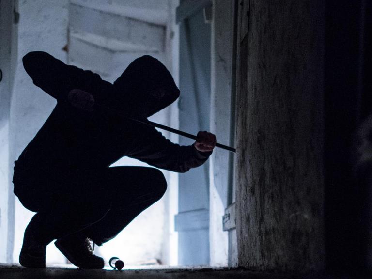 Ein fiktiver Einbrecher hebelt mit einem Brecheisen eine Tür im Keller eines Wohnhauses auf.
