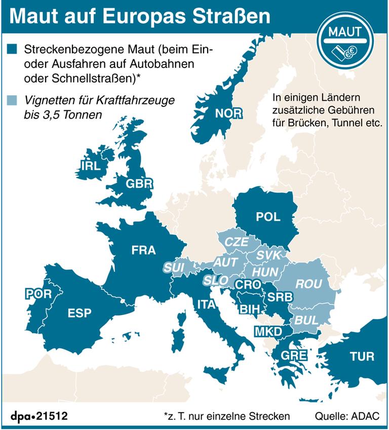 Europakarte mit Ländern in denen Maut (Streckenbezogen oder Vignette) erhoben wird.