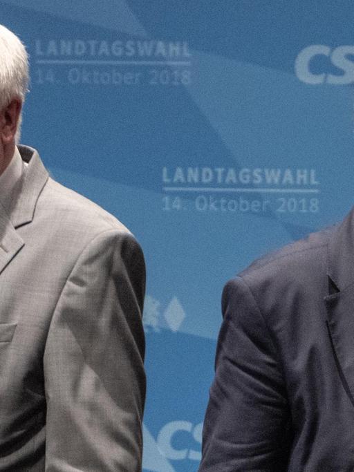 Markus Söder (l.), Ministerpräsident von Bayern und Horst Seehofer, Bundesinnenminister, während einer Wahlkampfkundgebung im Stadttheater in Ingolstadt. Foto: Armin Weigel/dpa | Verwendung weltweit