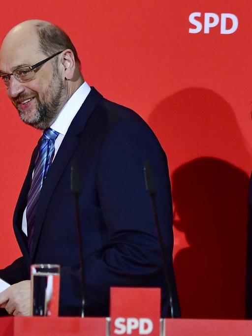 Martin Schulz und Andrea Nahles bei einer Pressekonferenz im Willy-Brandt-Haus, 7.2. 2018.
